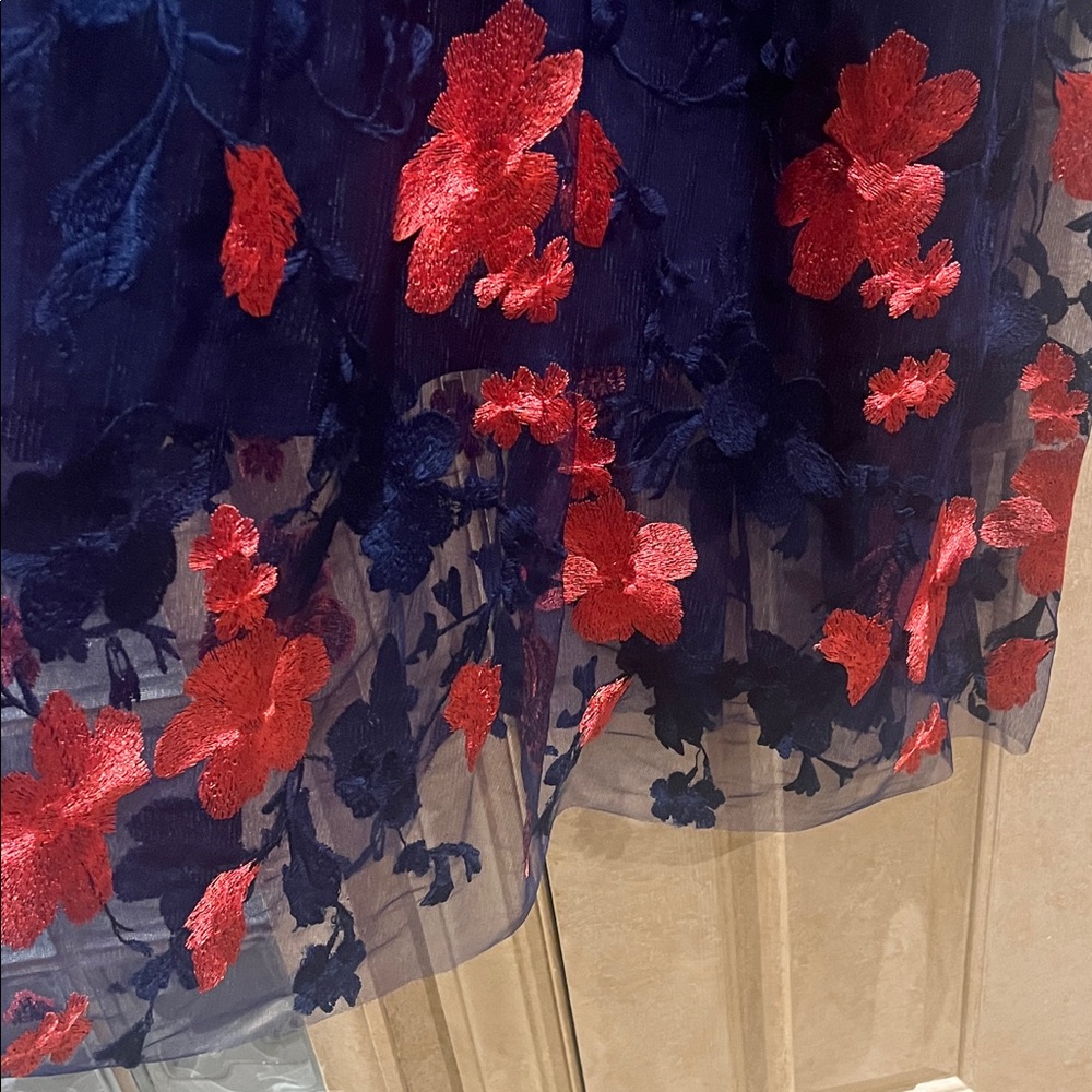 NWT Vince Camuto Navy and Coral Lace Floral Mesh Overlay Dress - Picture 6 of 7
